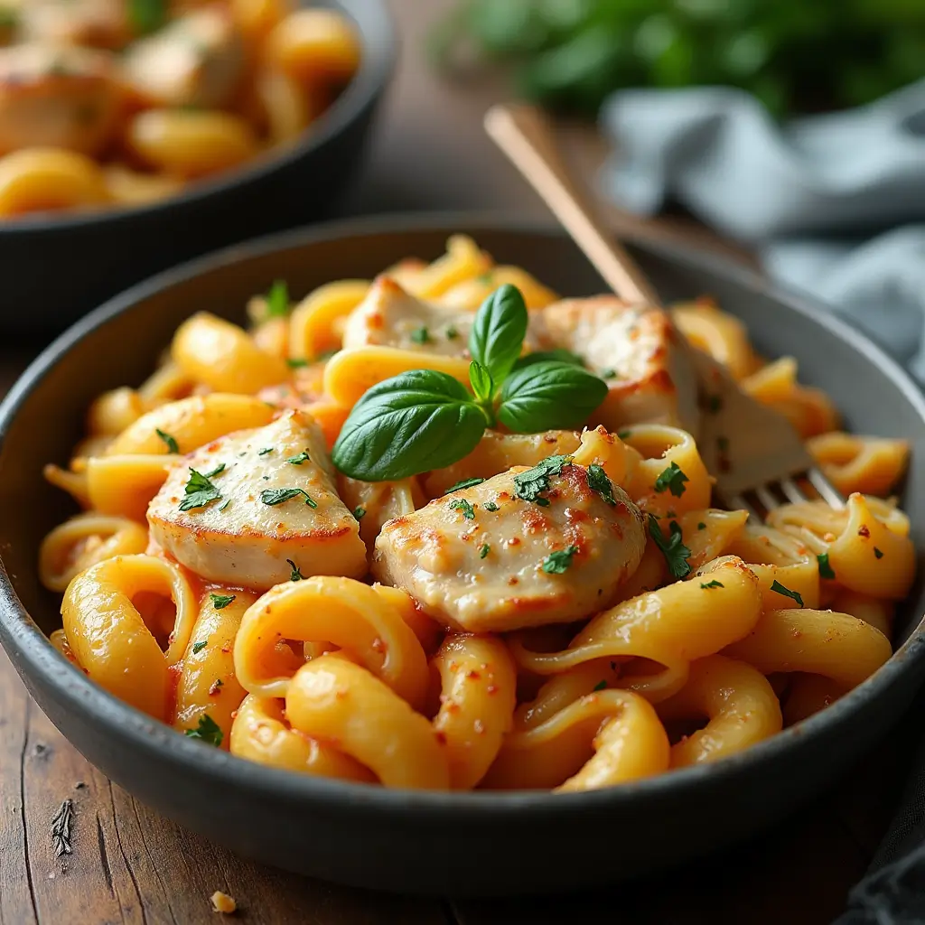 Five decadent chicken pasta dishes arranged on a rustic wooden table, including creamy garlic parmesan, sun-dried tomato and spinach, spicy Cajun, mushroom and bacon, and lemon butter herb chicken pasta