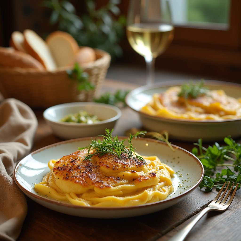 Five decadent chicken pasta dishes arranged on a rustic wooden table, including creamy garlic parmesan, sun-dried tomato and spinach, spicy Cajun, mushroom and bacon, and lemon butter herb chicken pasta