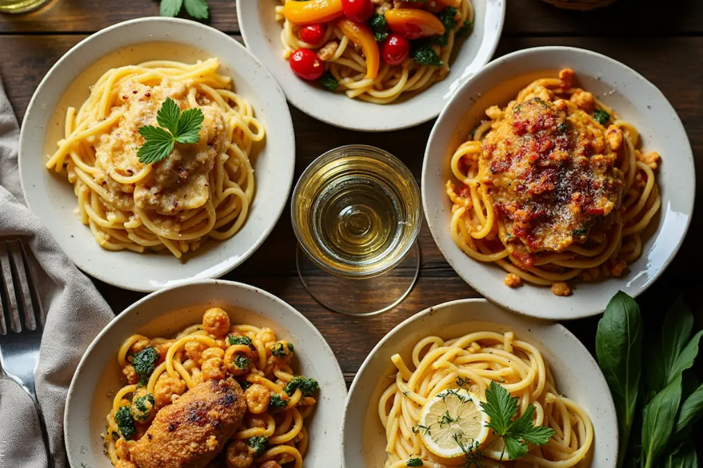 Five decadent chicken pasta dishes arranged on a rustic wooden table, including creamy garlic parmesan, sun-dried tomato and spinach, spicy Cajun, mushroom and bacon, and lemon butter herb chicken pasta